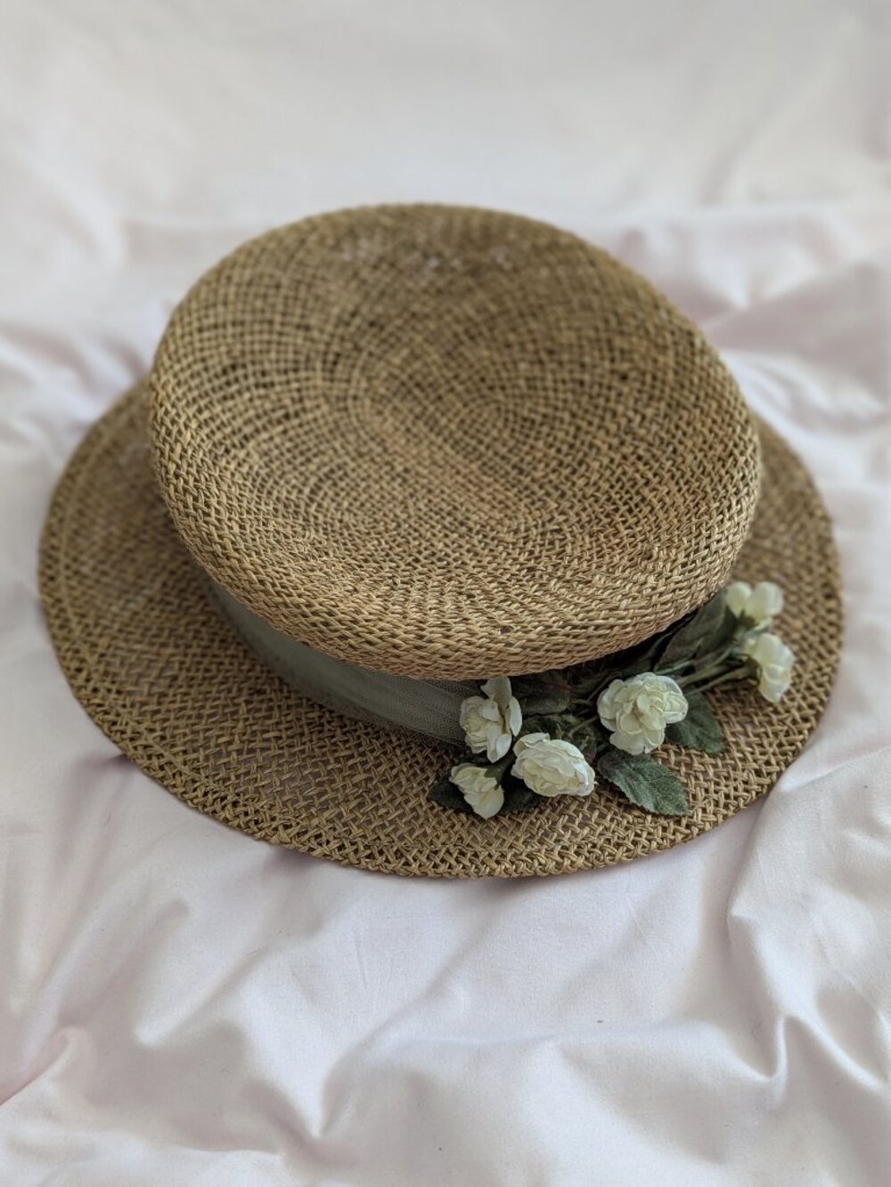 FITS. Tan Floral Mesh Trim Boater Straw Hat